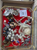 Overview of all costume jewelry pieces in clear-lidded box