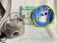 Stainless steel cat water fountain with adapter, blue/yellow tunnel toy, colouring book