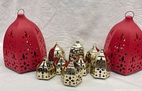 front view showing two large red lanterns and eight small gold lanterns