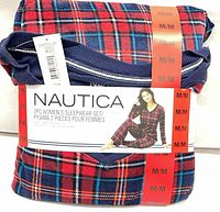 Front view of packaged Nautica women’s 2-piece sleepwear set showing plaid pattern and size M