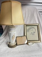 Group shot of lamp, framed portrait, small frame, Nippon dish and figurine