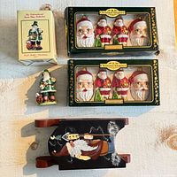 All items group view: two ornament boxes, figurine with box, wooden sled