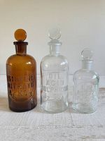 Front view of three embossed reagent bottles showing sizes and lettering