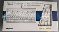 Front of sealed retail box displaying Adesso Bluetooth 3.0 Mini Keyboard 1010