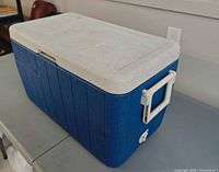 Cooler three-quarter view showing handle and drain plug