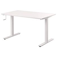 Stock image of assembled white IKEA SKARSTA desk showing tabletop, frame and manual crank