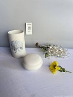 Overall lot showing vase, alabaster dish lid, glass grape cluster