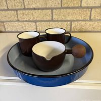 group shot of pot, two mugs, blue tray