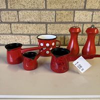 Group shot of all enamelware pieces and Baribocraft salt & pepper