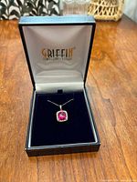 Pendant necklace in Griffin box, lid open, displaying front view
