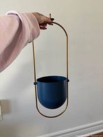 Full view of blue pot suspended in gold oval frame