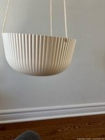 Side view of ribbed hanging planter suspended by rope