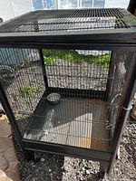 Full view of black metal bird cage showing interior and rusted bottom tray