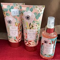 Two tubes and one spray bottle of Willows & Bloom White Tea & Apricot products