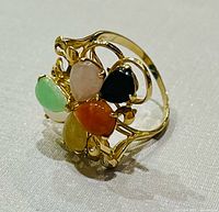 Front view showing gold band and six multicolor pear cabochon stones