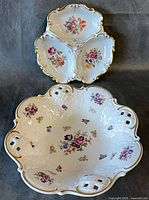 Top view showing both porcelain pieces: divided dish above, footed bowl below