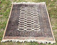 Full view of entire rug laid flat on grass showing pattern and fringe