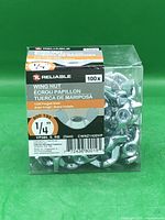 Front view of sealed box showing Reliable branding, 1/4" size and 100 count