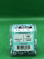 Front of packaged screws showing label with size, quantity and brand