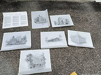 Seven sheets laid out showing six architectural prints and one text sheet