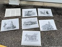 All seven prints laid out, showing images and text sheet