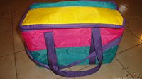 Exterior view of multicolor soft-sided cooler bag showing handles and overall condition