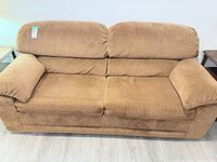 Front view of tan chenille microfiber loveseat sofa bed