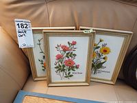 All three framed embroideries on couch, showing scale and overall condition