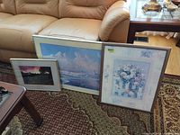 Three framed prints leaning against sofa: floral, seascape, landscape