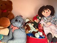 Group showing large rag doll, plush bear, plush dog, small Raggedy doll, mint knit teddy, flamenco doll