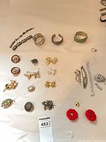 Overview of all bracelets, brooches, pins and ring laid out on white background