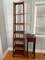 Front view of bamboo shelf and side table