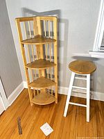 Corner shelf and bar stool side by side
