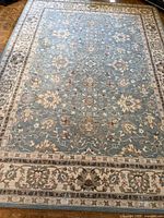 Full view of robin's egg blue Karastan wool rug with decorative floral border