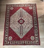 Full view of Persian area rug showing overall design and colors