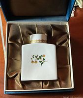 Tea caddy in satin-lined box showing design and gilt band