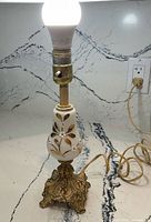 Entire lamp lit with bulb, showing glass body and cast iron base