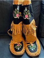 Full view of both boots showing overall design, height, fringe and beadwork
