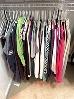Closet rod with roughly 25 assorted women’s shirts and tops on hangers