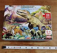 Front of sealed box showing dinosaur artwork, 100-piece label, age 4+