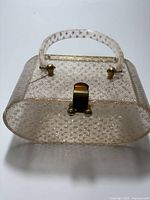 Front view of clear lucite purse showing overall form, handle and clasp