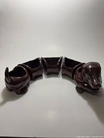 overall assembled dachshund snack server showing head, three body bowls, tail