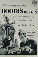 Full view of Booth's Gin Christmas advertisement showing artwork, headline, bottle, and festive scene