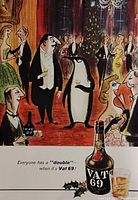 Close view of central illustration and bottom branding text of Vat 69 advertisement