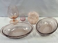 Full lot showing both casseroles, snifter, aperitif glass and Fenton rose bowl