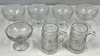 Full lot: four tall Luminarc compotes, one shorter bowl, two beer mugs