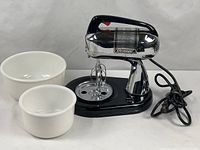 Full view of Dormeyer Silver Chef stand mixer with two beaters attached and two ceramic bowls