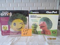 Front view of both sealed Chia Pet kits: Emoji and Disney Muppets Kermit