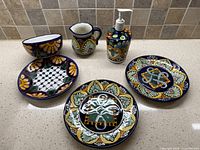 All seven Talavera pieces on countertop