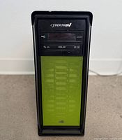 Front view of Cybertron tower with green mesh panel and ASUS optical drive